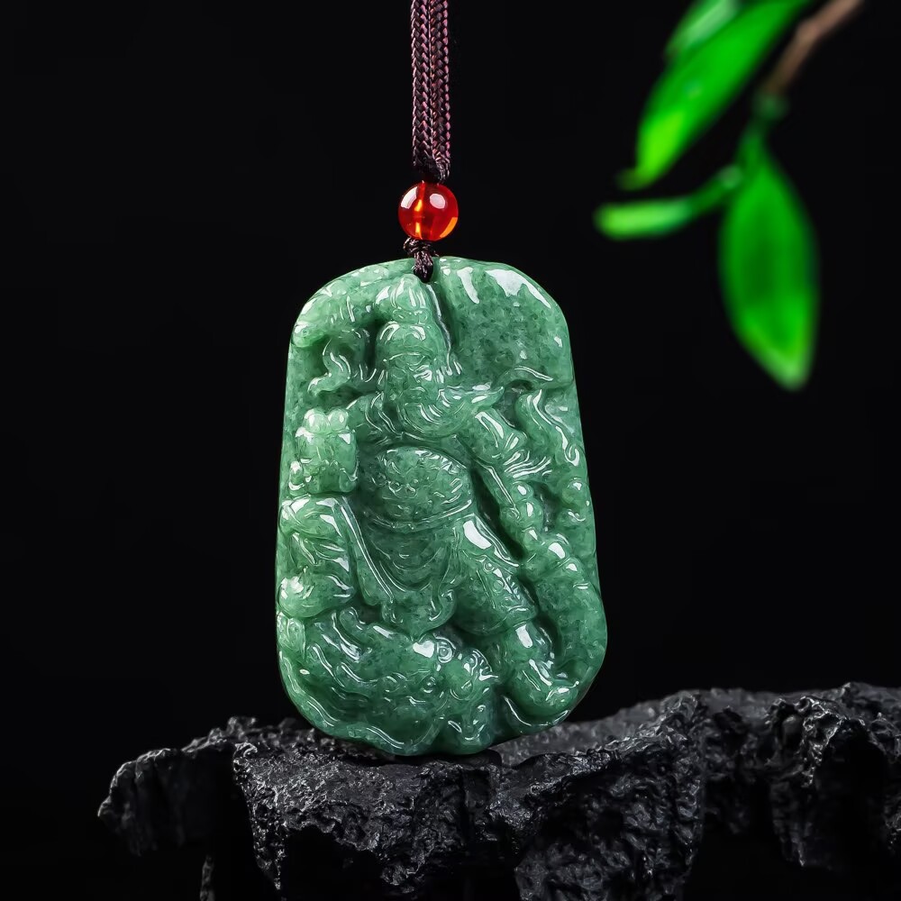 天然a货翡翠豆种关公义薄云天玉石吊坠挂件玉佩男士项链玉器