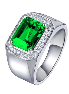 热卖祖绿戒指绿宝石男镶钻开口戒指镀白金坦桑色活口绿钻指环