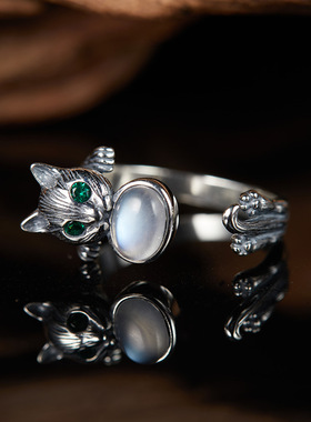 复古彩宝招财猫指环纯银镶嵌天然月光石宝石戒指女个性款