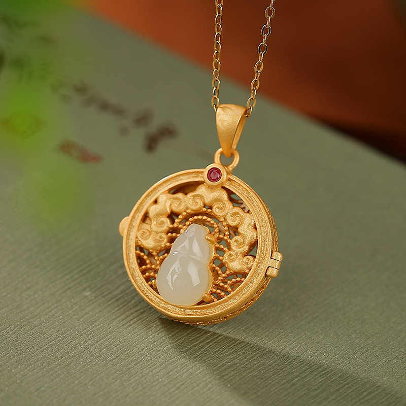 通体S925纯银镀金和田玉福禄葫芦镂空如意气质设计感香囊盒吊坠