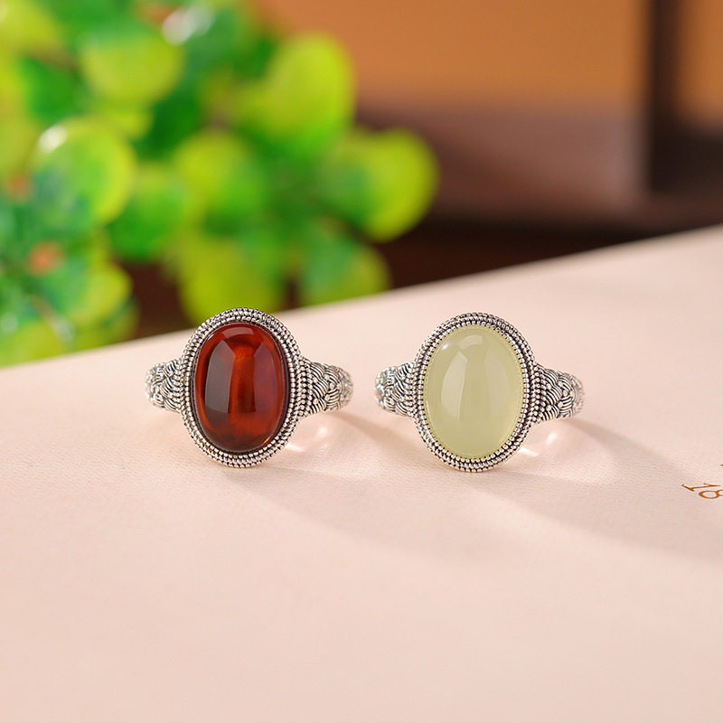 通体S925纯银血珀晴水和田玉复古做旧花纹蛋面戒指气质开口指环