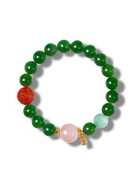 现货天然和田碧玉手串女S925银镀18K金粉澳宝南红9mm圆珠手链