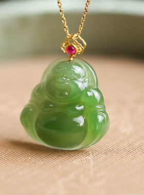 通体金镶嵌和田玉碧玉佛公大肚佛国潮国风气质女款吊坠