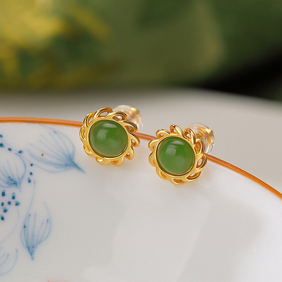 通体S925纯银镀金和田玉碧玉耳钉太阳花简约圆形气质优雅银耳饰