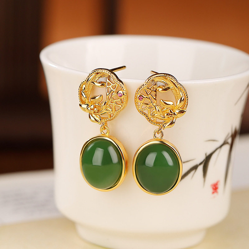 通体S925纯银镀金和田玉碧玉镂空竹叶蛋面耳钉古风优雅时尚耳坠