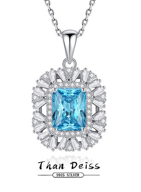 新款S925通体纯银项链高碳钻S碎花切吊坠锁骨链重工豪镶海蓝宝色