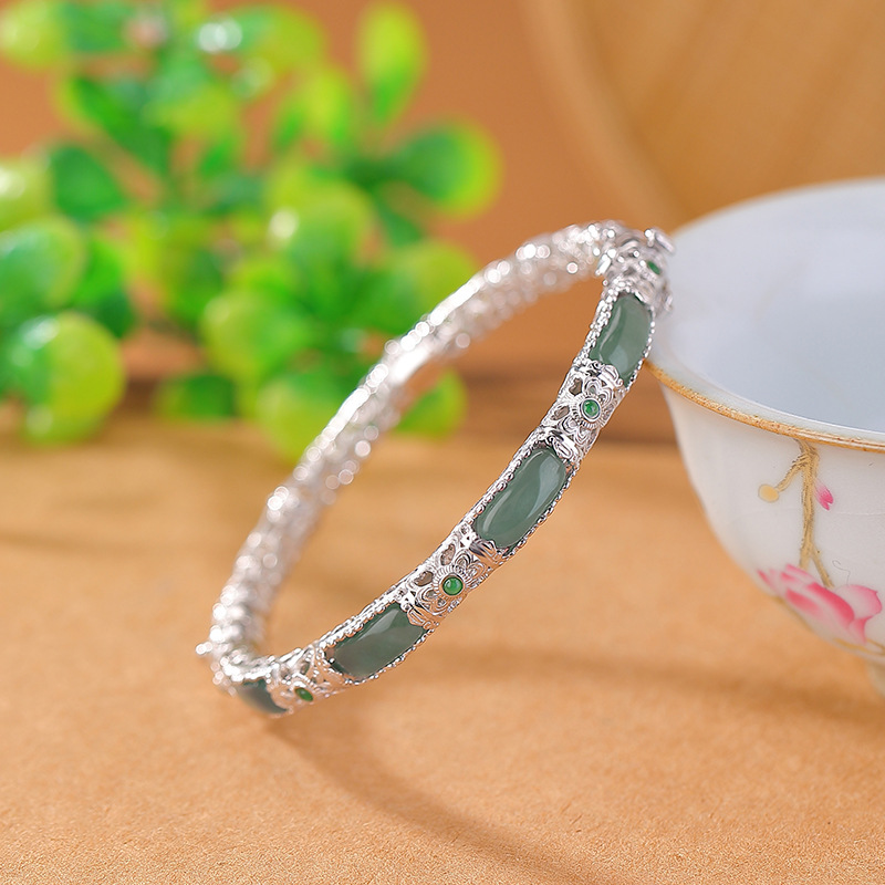 通体S925纯银蓝水翡翠节节高升宫廷风镂空古典蝴蝶无事牌银手镯