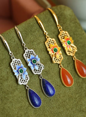 S925银镶嵌天然青金石南红玛瑙水红珐琅一枝独秀复古优雅女士耳环