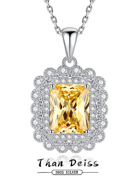 S925纯银冰花切方形项链女轻奢高级气质小众高碳钻黄钻吊坠锁骨链