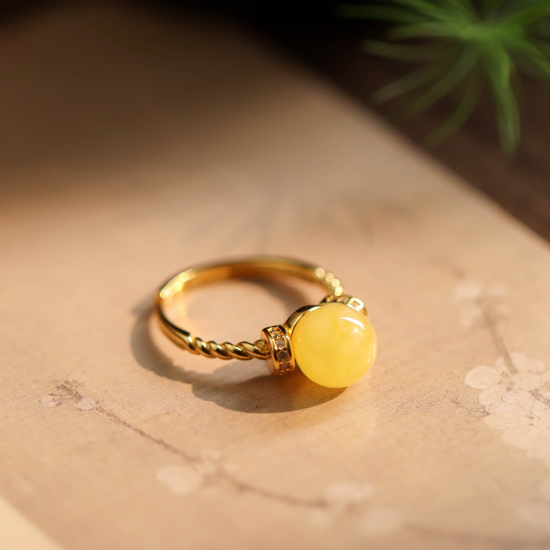 通体S925纯银镀金琥珀蜜蜡圆珠戒指复古国潮古风创意气质女指环