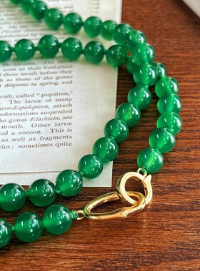 银镀金扣8mm6A起光天然绿玉髓项链毛衣链可叠戴可当毛衣链