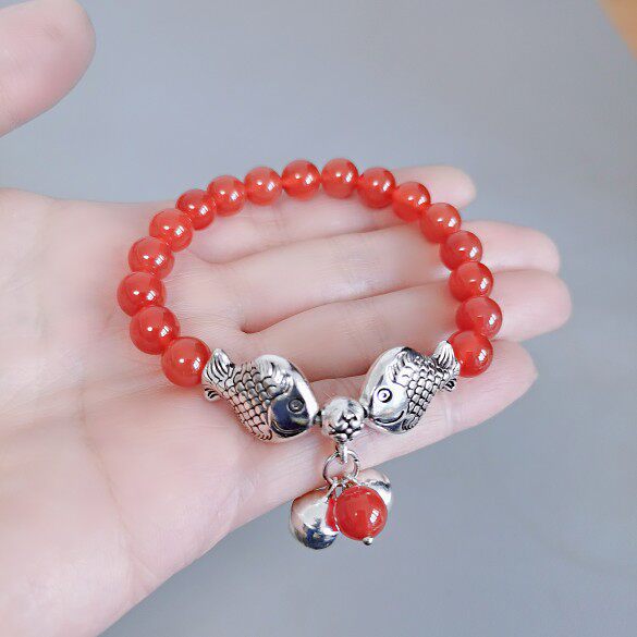 复古红玛瑙接吻鱼对鱼手链女款民族风手工首饰品中国风潮现货包邮