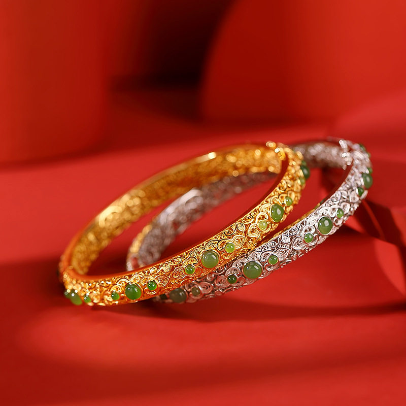 通体S925纯银镀金和田玉碧玉复古吉祥如意圆珠手镯传承款女手环