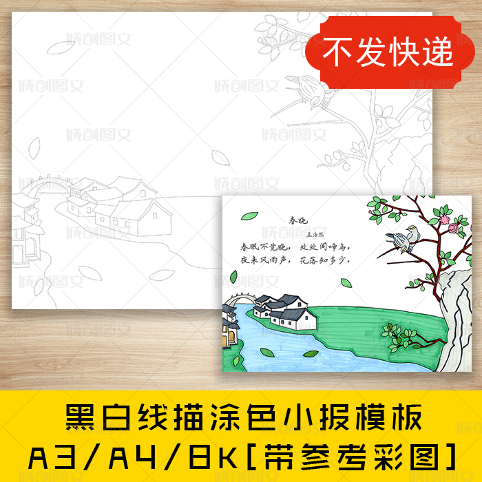cc296春晓古诗配图黑白线描涂色手抄报诗人孟浩然唐诗小报模板