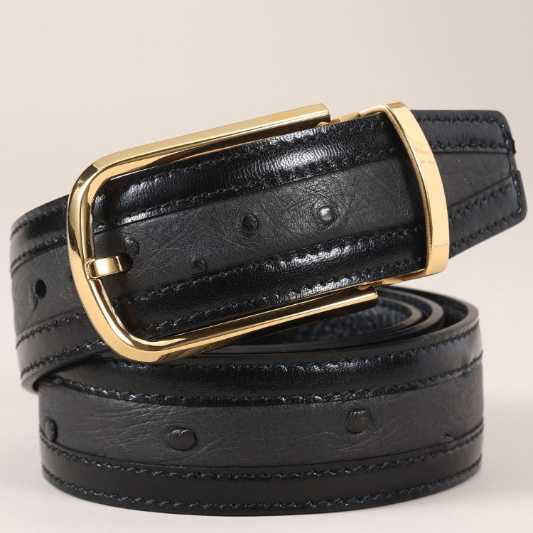 曼邦鸵鸟皮真皮皮带男高档针扣商务腰带潮青中年钢扣休闲男士裤带