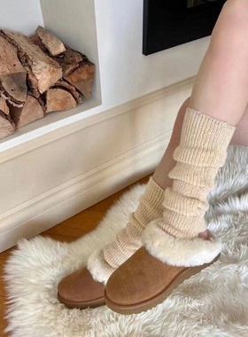 新款现货冬羊毛小腿袜套复古纯色竖坑条保暖堆堆袜MARCA韩国袜子