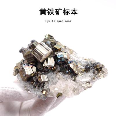 黄铁矿水晶共生矿物晶体天然原石奇石观赏石摆件学生科普教学标本