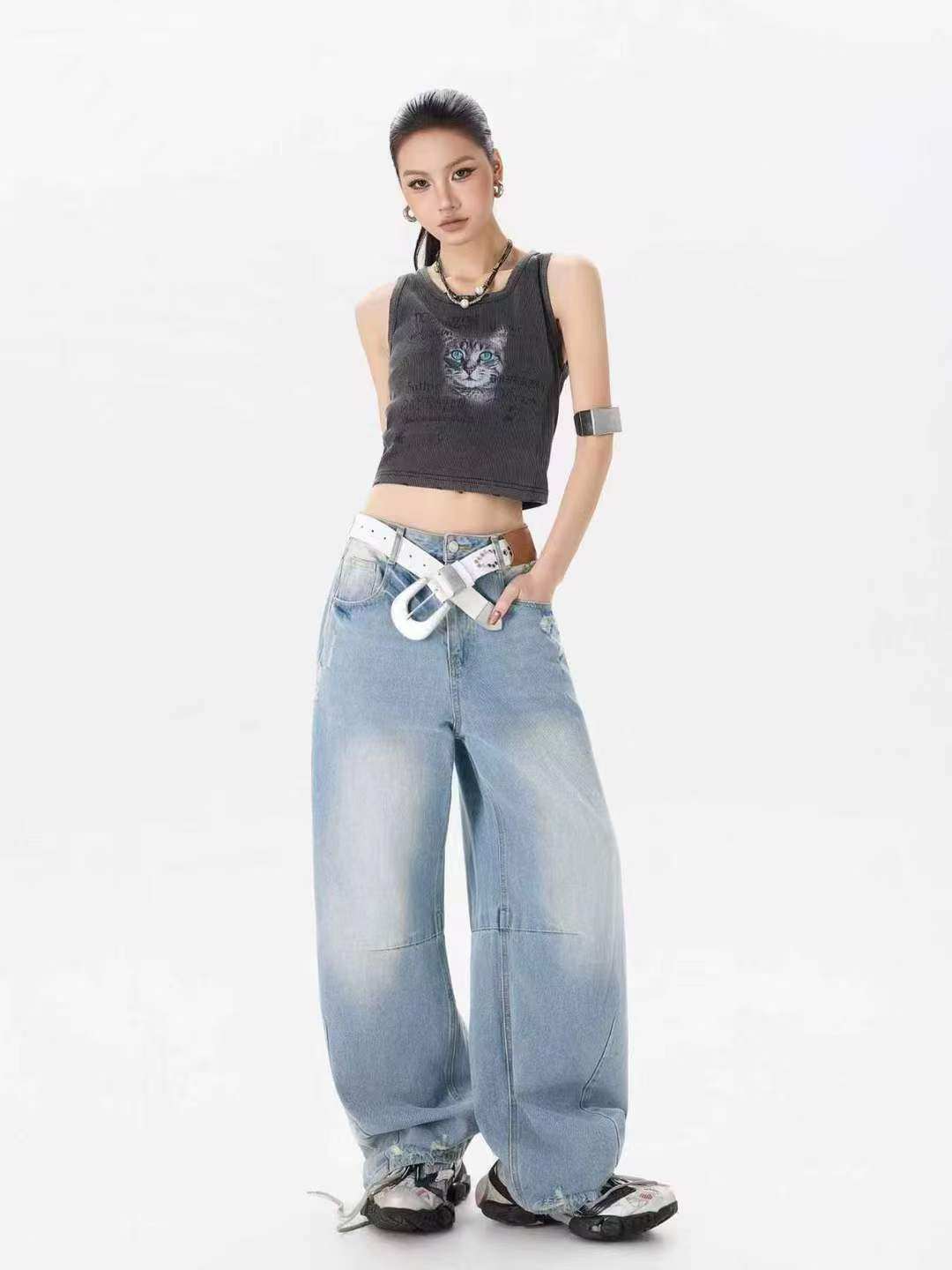 拓谷正品2026春款欧货高腰口袋磨破阔腿弯刀裤弯牛仔长裤潮X51114,女装/女士精品,牛仔裤,淘宝优惠券,粉丝福利购,淘宝优惠卷