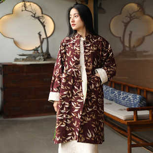 原创文艺复古禅意茶服对襟风衣外套棉麻碎花大码 宽松改良休闲女装