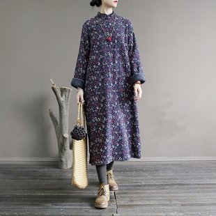 原创佛民国风复古印花宽松棉袍系禅意茶服立领女装 加绒加厚连衣裙
