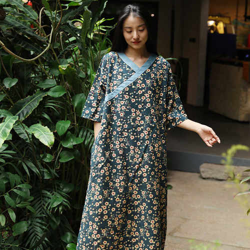 棉麻沙滩裙碎花文艺V领A型