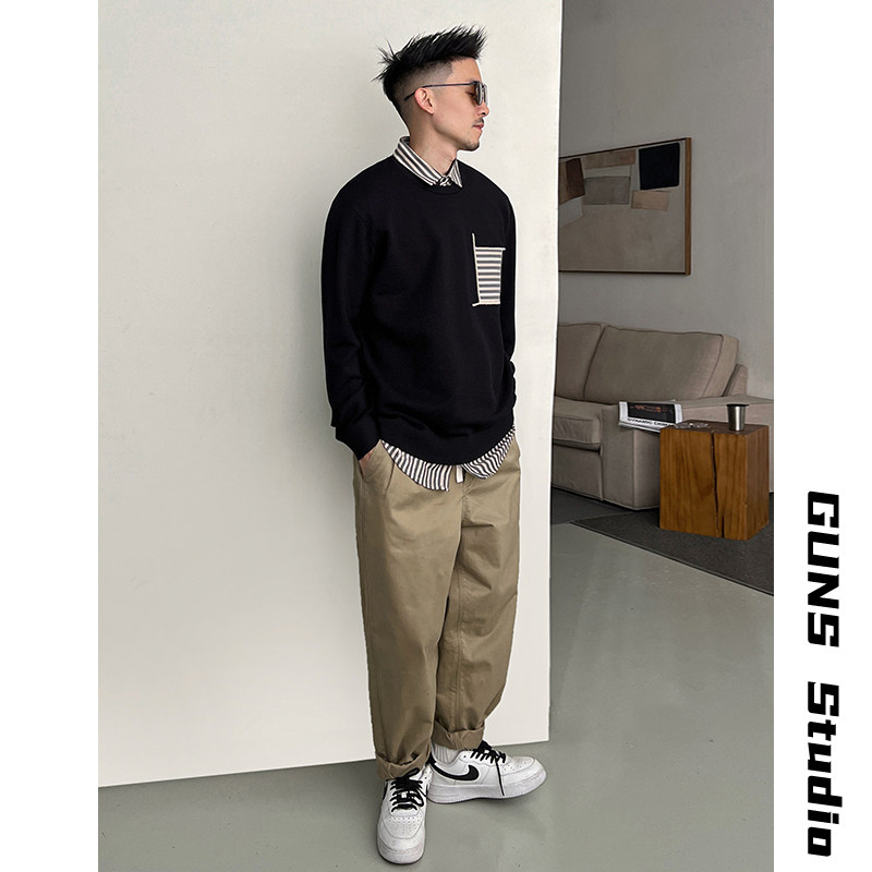 UNCLE GONG FAKE TWO SWEATERS MENS SHIRT COLLARS SPRING AND AUTUMN PULLOVERS DESIGN SENSE NICHE TRENDY BRAND LONG-SLEEVED KNITWEAR JACKETS