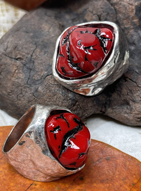 ZA家外贸原单亮银锤打纹镶嵌石头夸张个性小众超质感戒指满25包邮