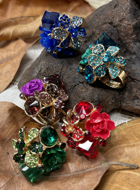 炫彩欧美宝石树脂花朵可调节戒指彩钻饰品时尚个性食指环满25包邮