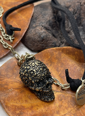 外单打标复古个性铜中古哥特风骷髅满花朵磨砂铜撞皮绳项链毛衣链