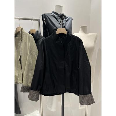 实体女装Q式IAN ATE韩潮装休闲工装格子卷边长袖短立领款风衣外套