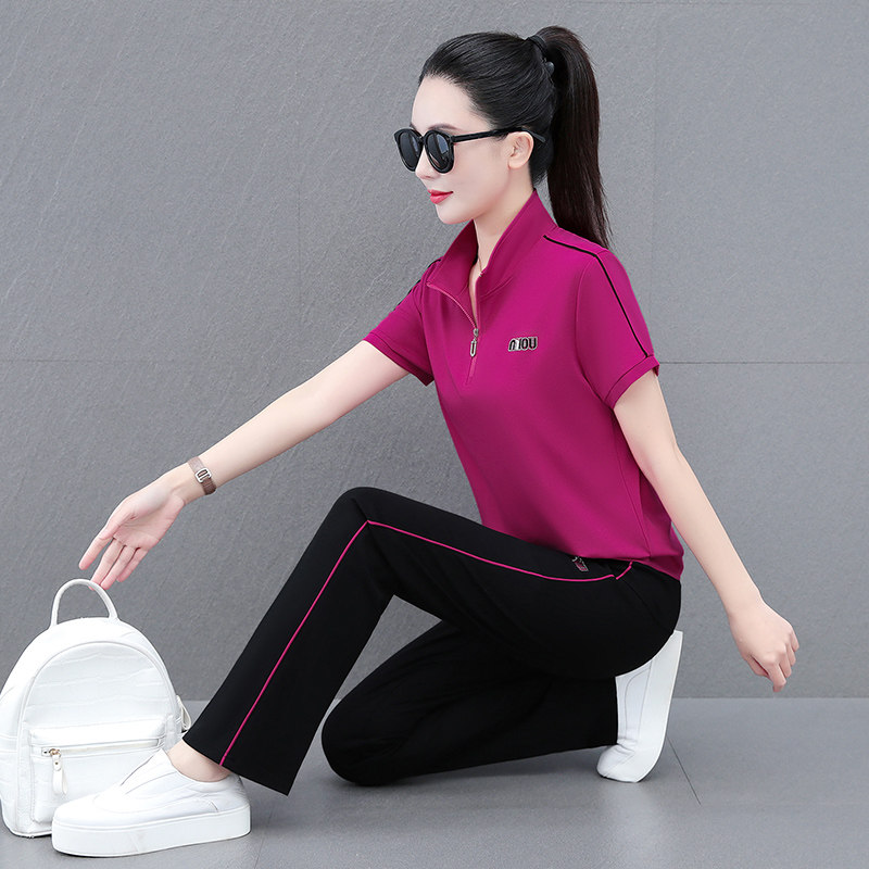 夏季休闲运动套装女薄款2025新款洋气减龄大码短袖长裤跑步两件套