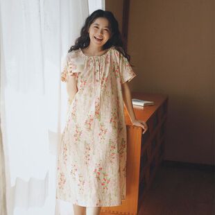 向阳而生纯棉短袖睡裙夏季款全棉纱布女士睡衣大码夏天连衣裙
