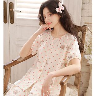 家居服套装 夏季 短裤 纯棉棉纱睡衣女圆领甜美可爱女士短袖 新款