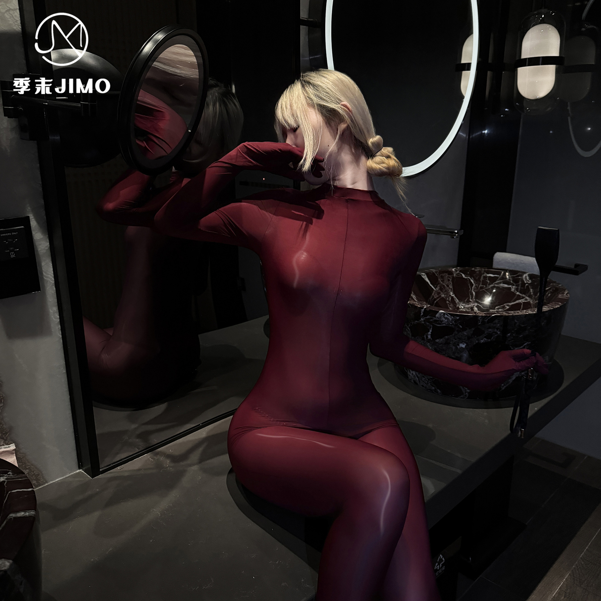 性感油亮丝滑透视长袖连体衣全身