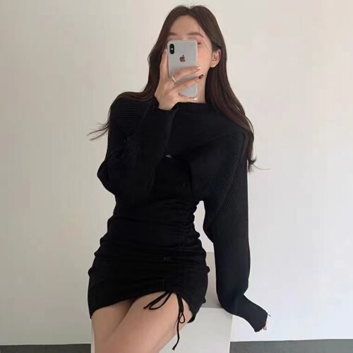 Design sense two piece Pullover irregular short sweater + hip drawcord adjustable dress autumn and winter