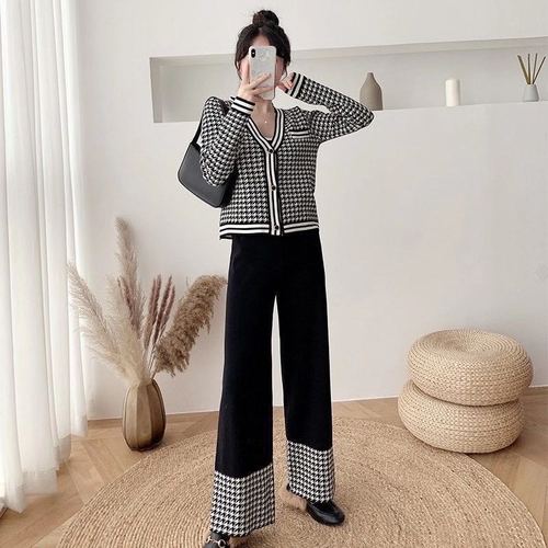 Spring new gentle small fragrance neck knitted Wide Leg Pants Set senior Korean original foreign trade women's wear