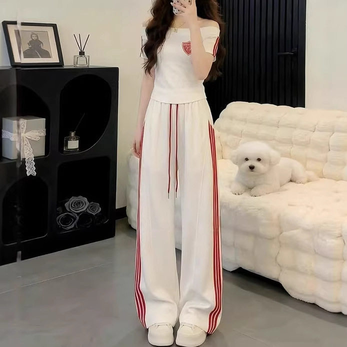 美式酷辣休闲运动套装女夏季修身显瘦一字领短袖T恤阔腿裤两件套