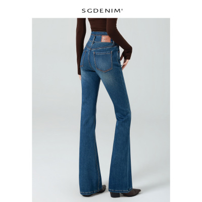 超模裤/三扣高腰微喇叭牛仔裤女jeans四面弹修身复古提臀25冬显瘦