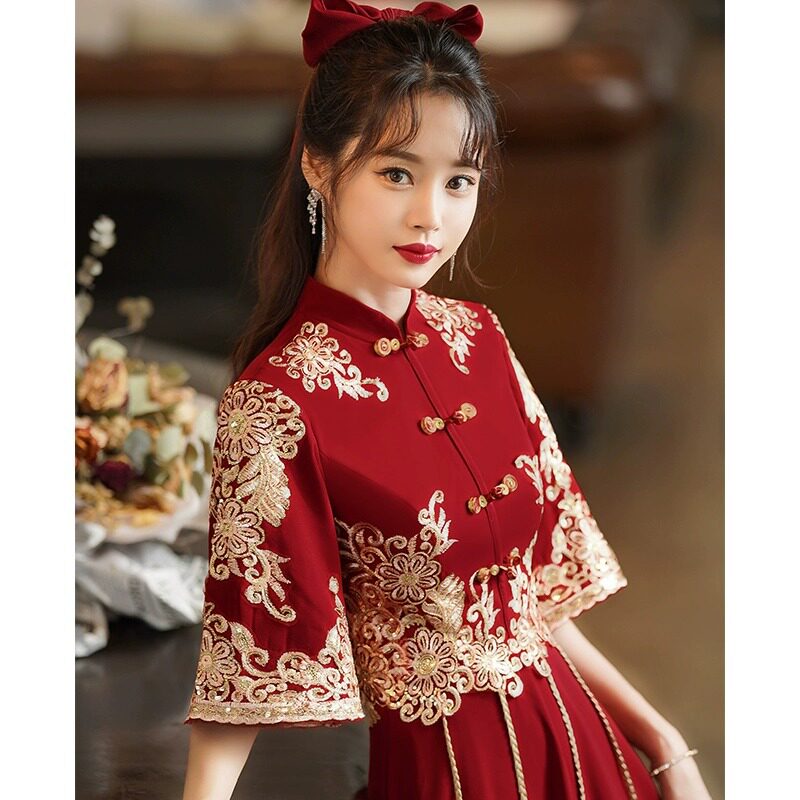 旗袍敬酒服新娘女冬季酒红色订婚礼服连衣裙中式复古回门便装显瘦