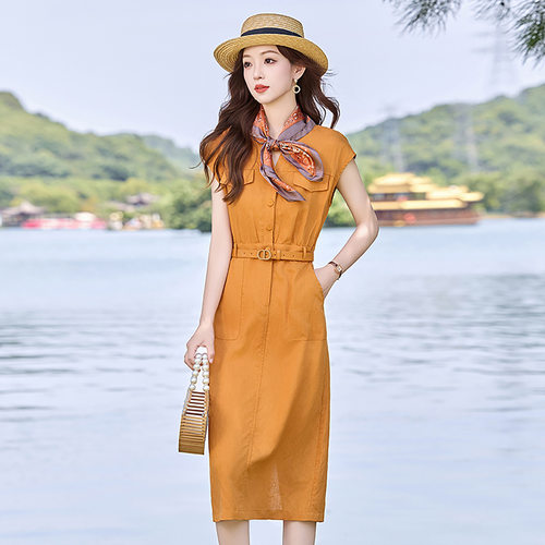 2025夏季天丝亚麻减龄气质收腰女中长款时尚连衣裙 送丝巾 DM8632
