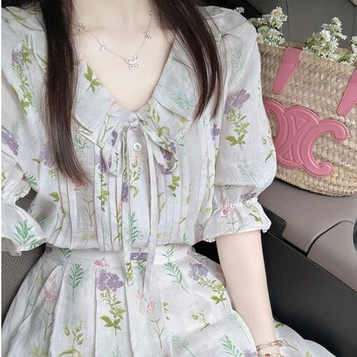 夏装女茶系穿搭一整套微胖减龄网红盐系轻熟炸街奶乖连衣裙子套装