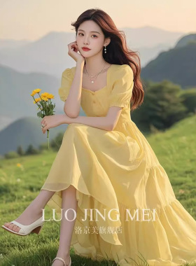 FL240818气质独特超好看黄色泡泡袖连衣裙女夏气质温柔风长裙