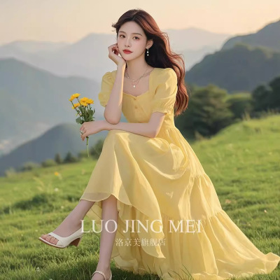 FL240818气质独特超好看黄色泡泡袖连衣裙女夏气质温柔风长裙
