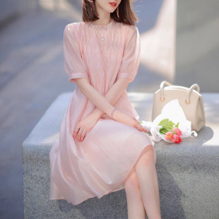 小个子时尚气质短袖连衣裙2025年夏季新款淑女温柔甜美显瘦中裙女