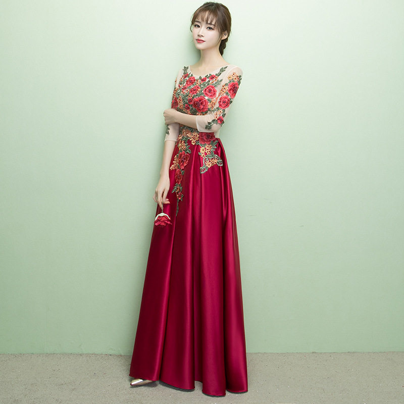红色孕妇敬酒服新款长袖结婚长款修身订婚主持宴会晚礼服气质