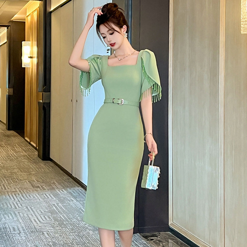 礼服裙2026夏季新款女装法式设计感修身包臀流苏短袖连衣裙21134