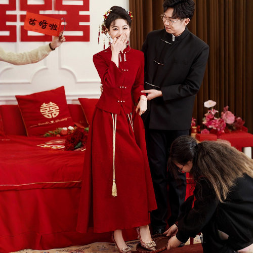 敬酒服新娘长袖新中式旗袍红色结婚订婚礼服连衣裙小个子回门便装