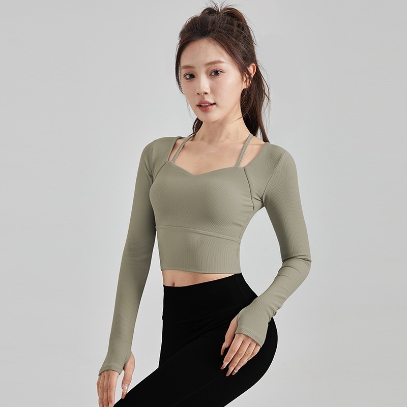 瑜伽服长袖女带胸垫新款性感吊带健身衣春秋运动T恤跑步训练上衣