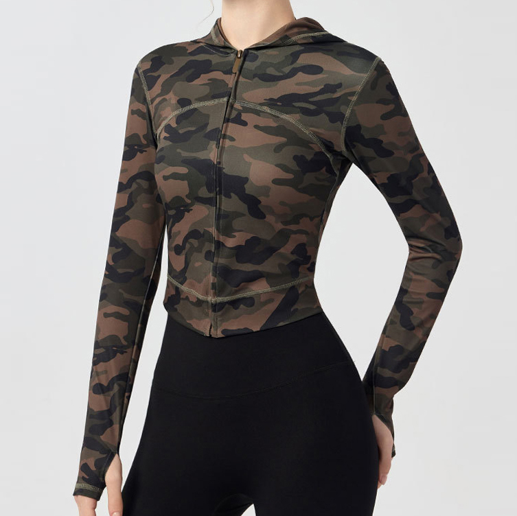 迷彩连帽瑜伽服外套女性感短款紧身健身上衣豹纹秋冬拉链运动长袖