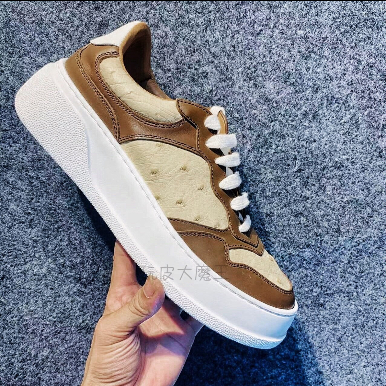 复古鸵鸟皮饼干鞋男女厚底板鞋真皮复古休闲鞋手工缝制颜值与品质